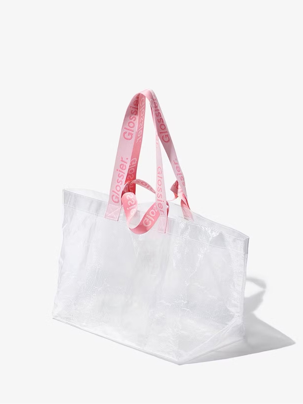 Glossier Clear Tote with Pink Logo Straps